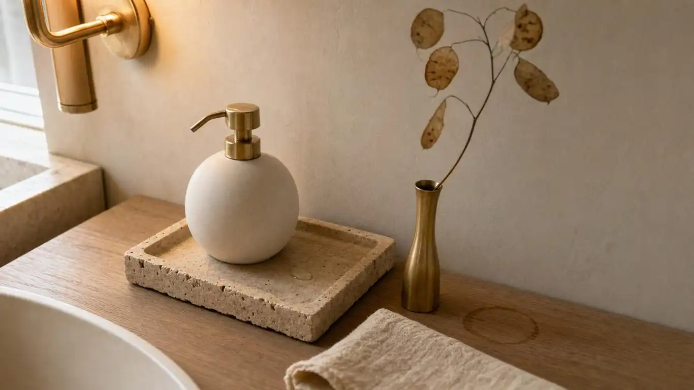 Minimalist bathroom vanity counter with ceramic soap dispenser, small tray, and single dried stem in a slim vase