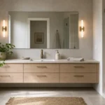 Minimalist bathroom with warm greige walls, floating oak vanity, brushed brass faucet, and large frameless mirror