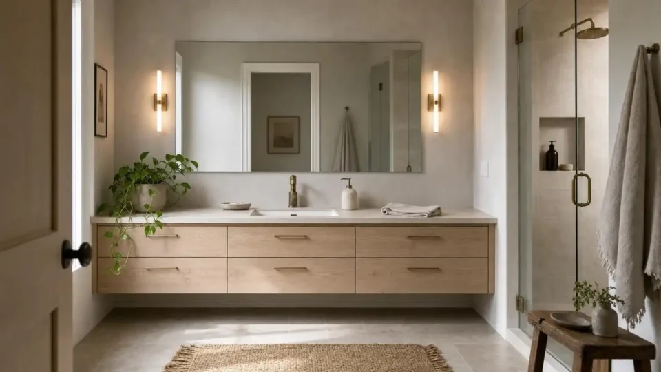 Minimalist bathroom with warm greige walls, floating oak vanity, brushed brass faucet, and large frameless mirror