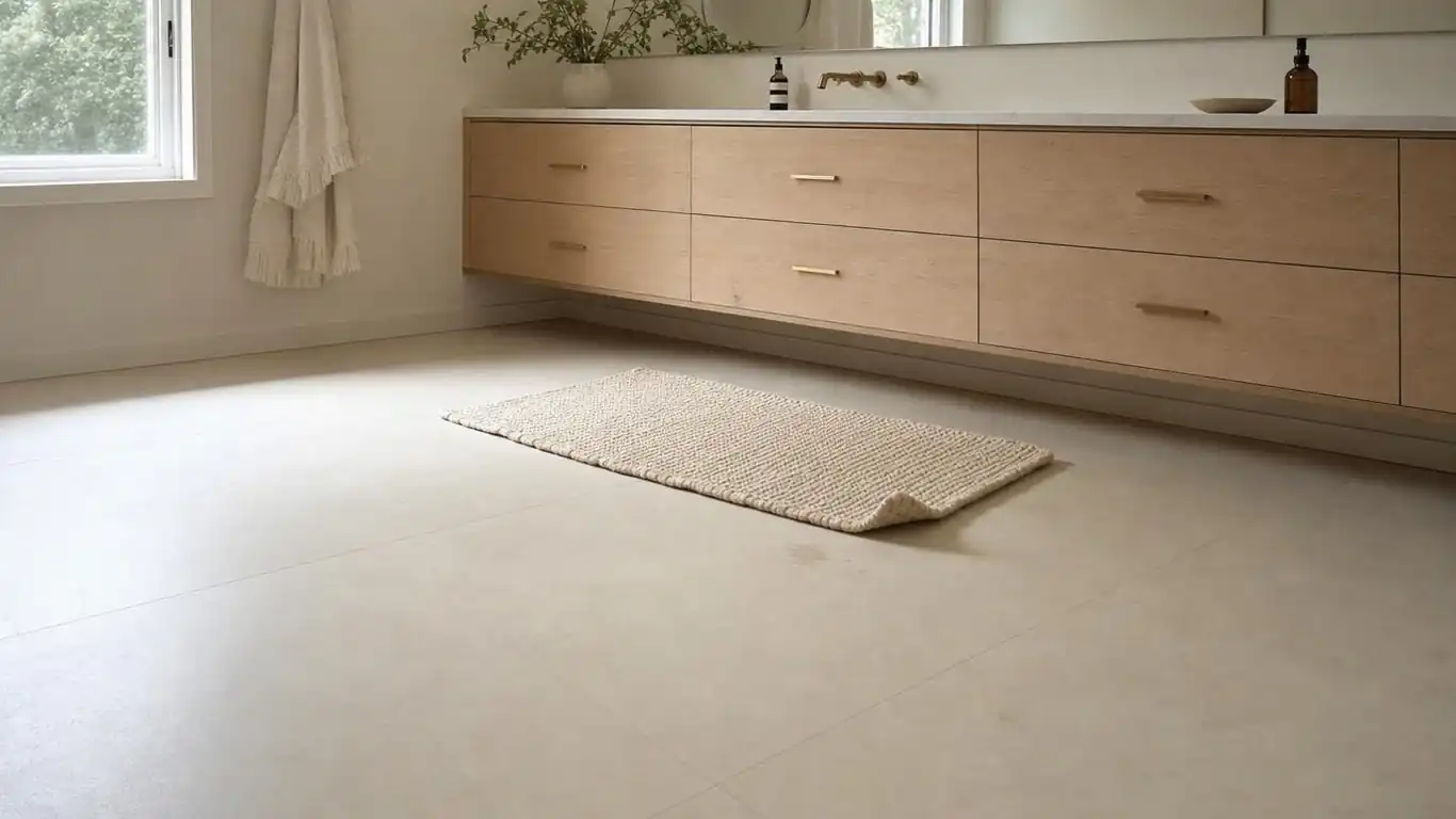 Large-format 24x24 inch warm ivory porcelain floor tiles with minimal grout lines in a small minimalist bathroom