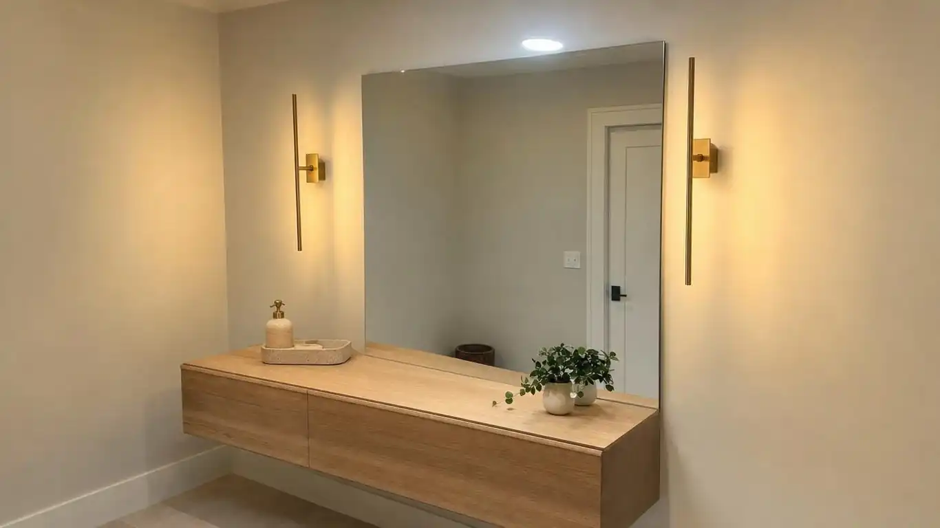 Minimalist bathroom with warm-toned wall sconces flanking a large mirror and recessed overhead lighting at 2700K