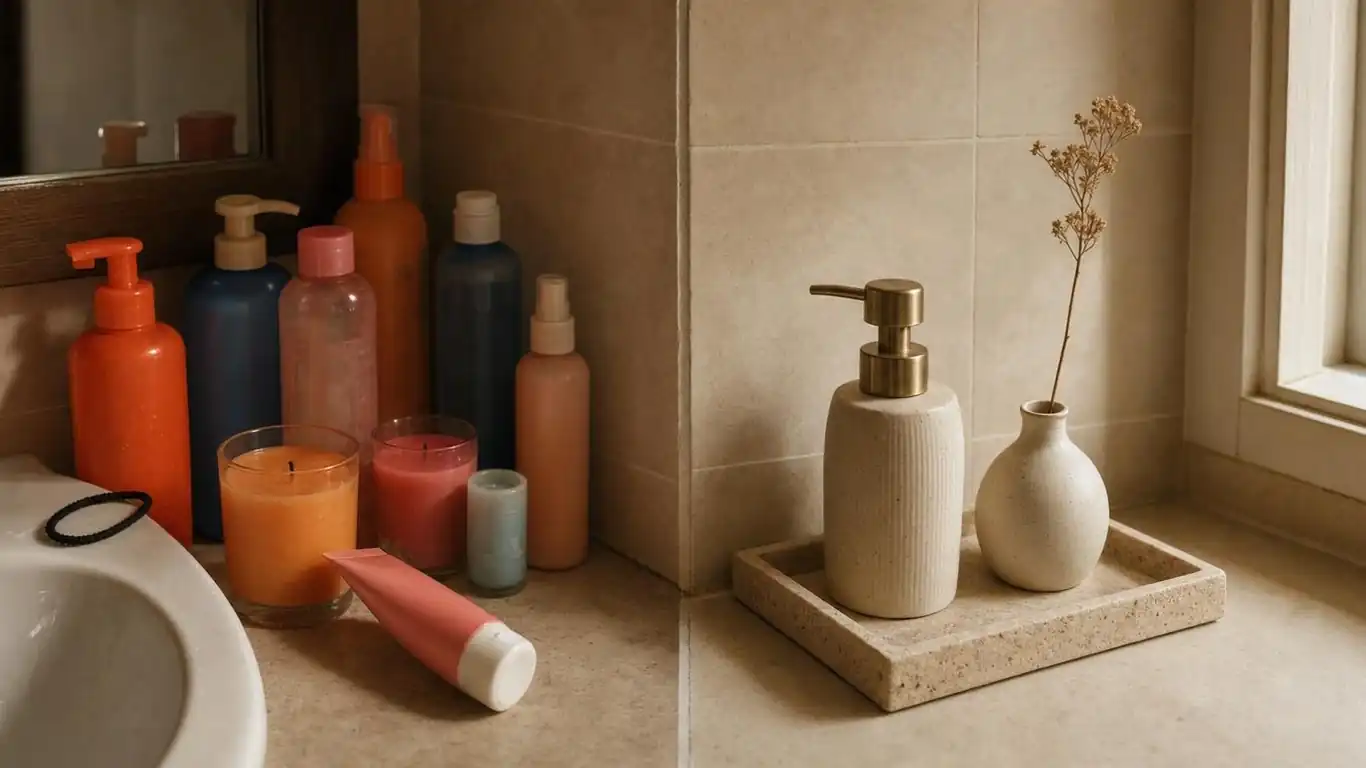 Side-by-side comparison of a cluttered bathroom counter and the same surface edited to three minimalist items