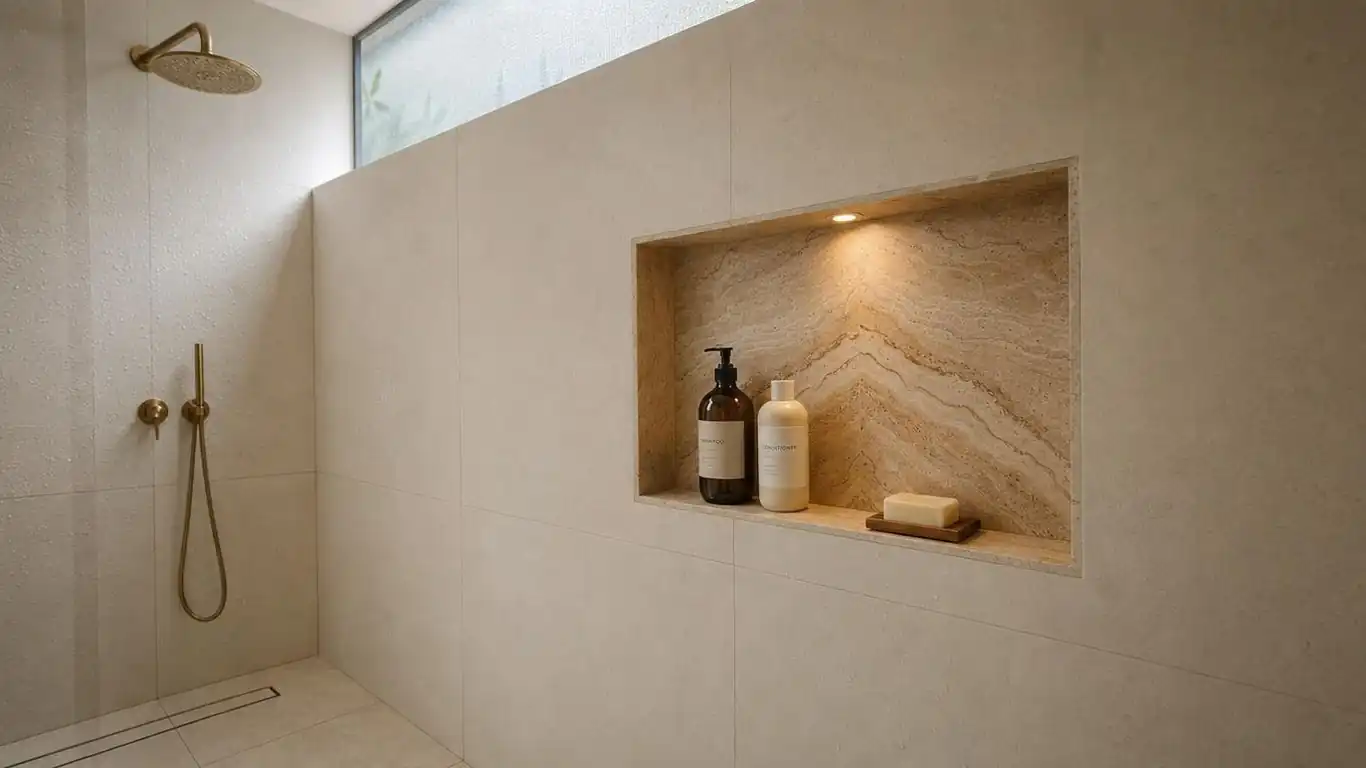 Recessed shower niche tiled in travertine holding three bottles flush with the shower wall, no caddy visible
