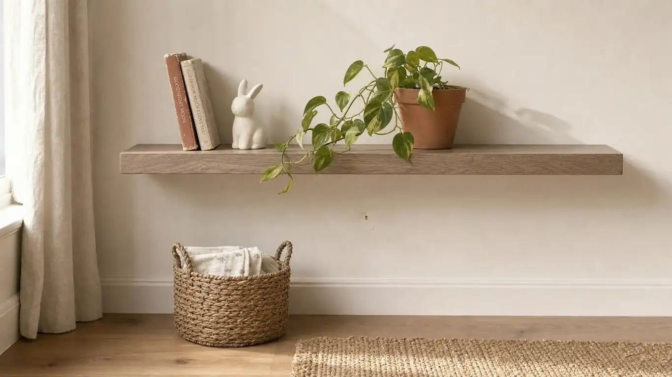 Minimalist nursery glider corner with dimmable brass floor lamp and sheer linen panels filtering afternoon window light