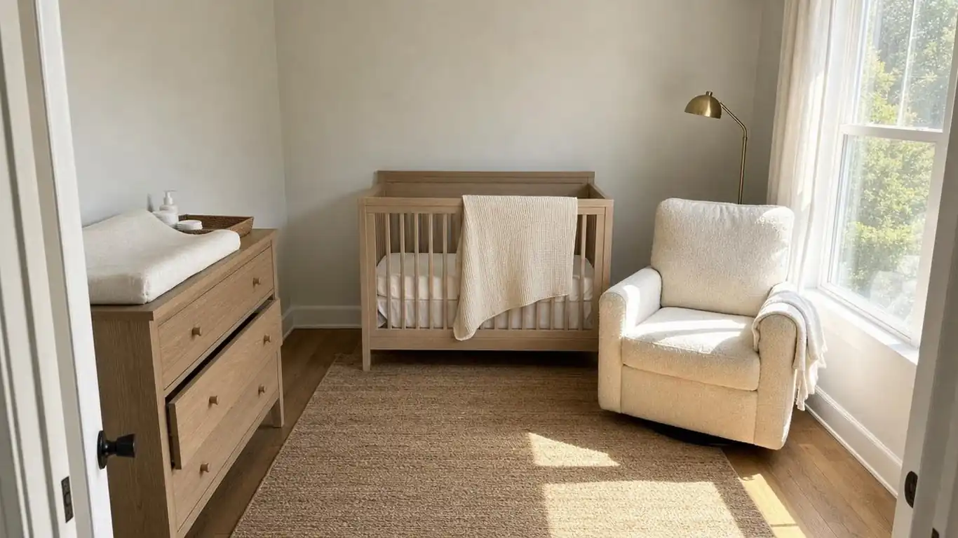 Soft greige nursery wall with natural linen curtains, warm white woodwork, and jute area rug on oak floor