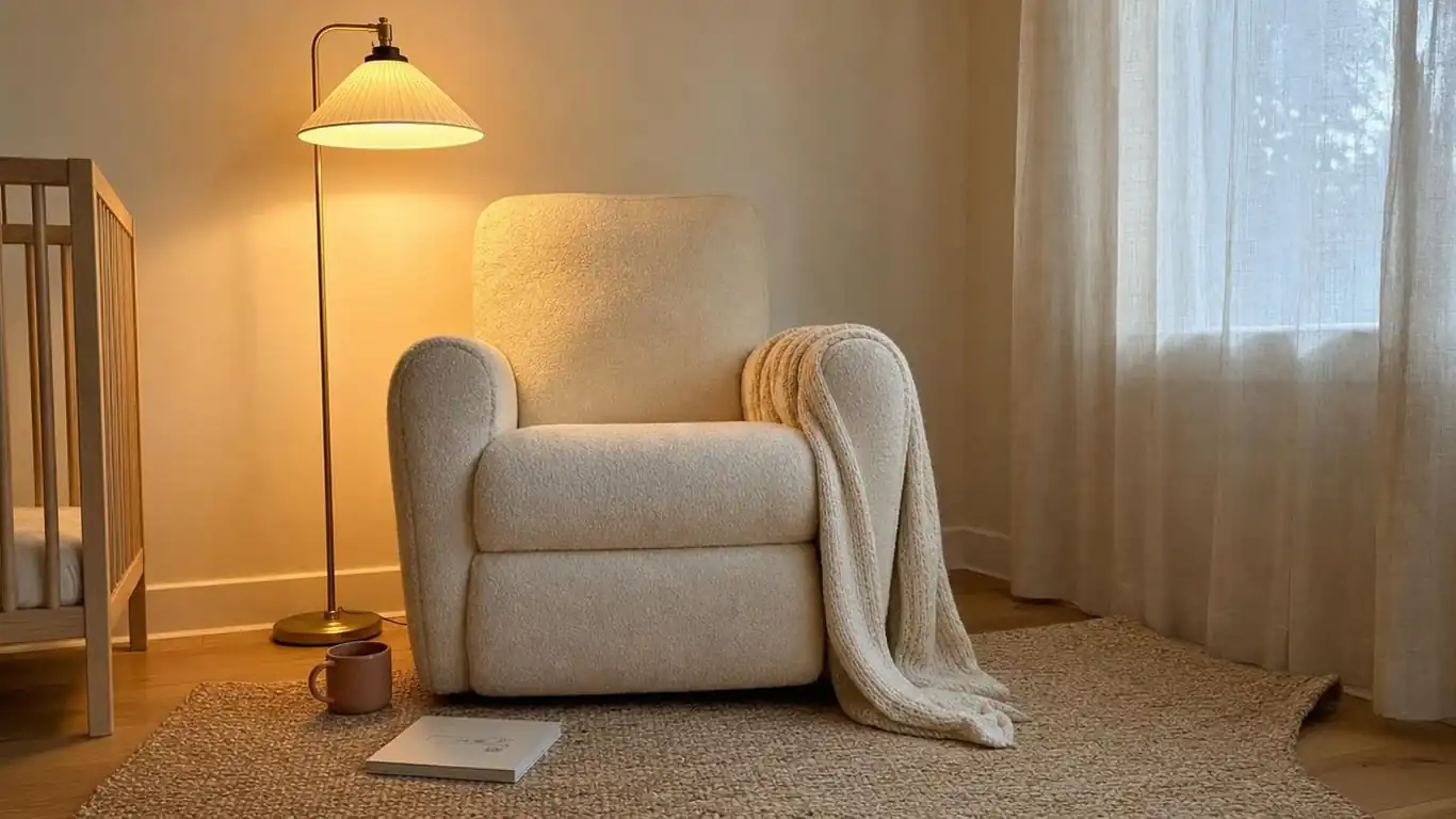 Close-up of minimalist nursery textiles with washed linen crib sheet, boucle throw, and natural cotton cellular blanket