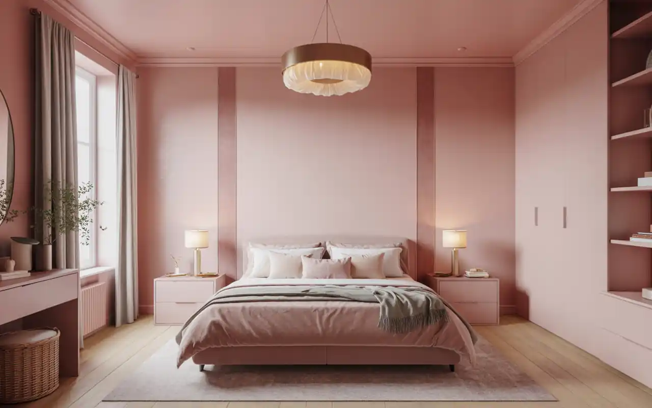 Wide view of a deeply serene, decluttered small bedroom with pale pink walls and soft oak accents.
