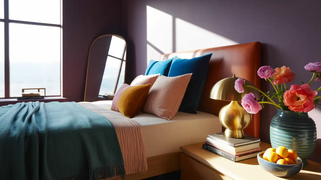 Wide angle view of a dark moody boho bedroom layout with a low-profile bed and large leaning mirror.