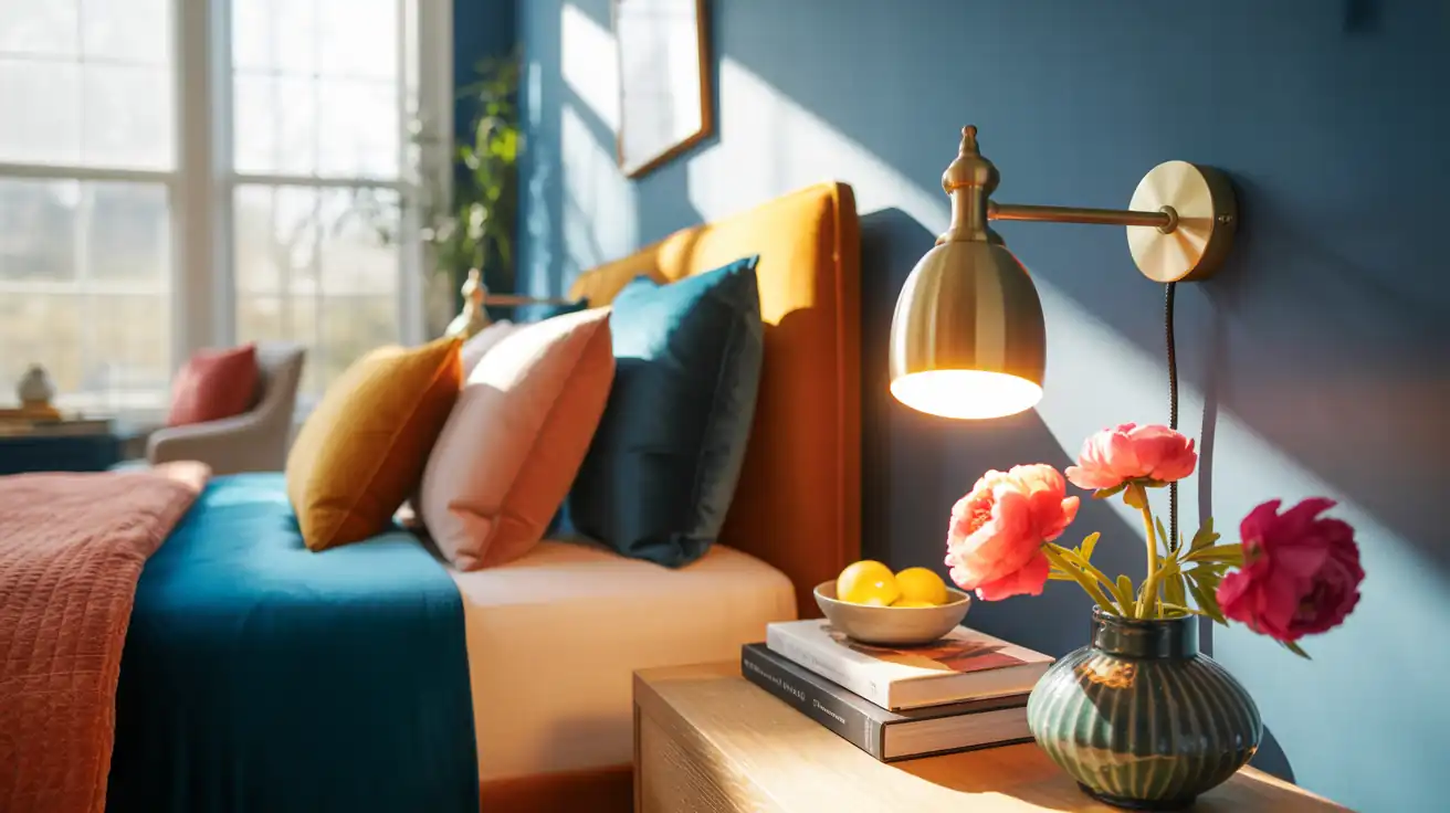 A sleek, brushed brass plug-in wall sconce mounted against a deeply saturated, matte navy blue wall.