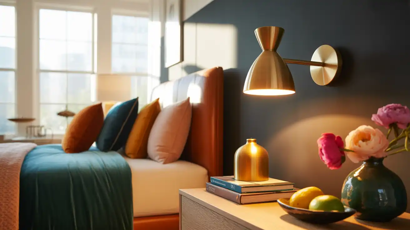 A warm, glowing brushed brass plug-in wall sconce mounted against a deeply saturated charcoal grey wall.