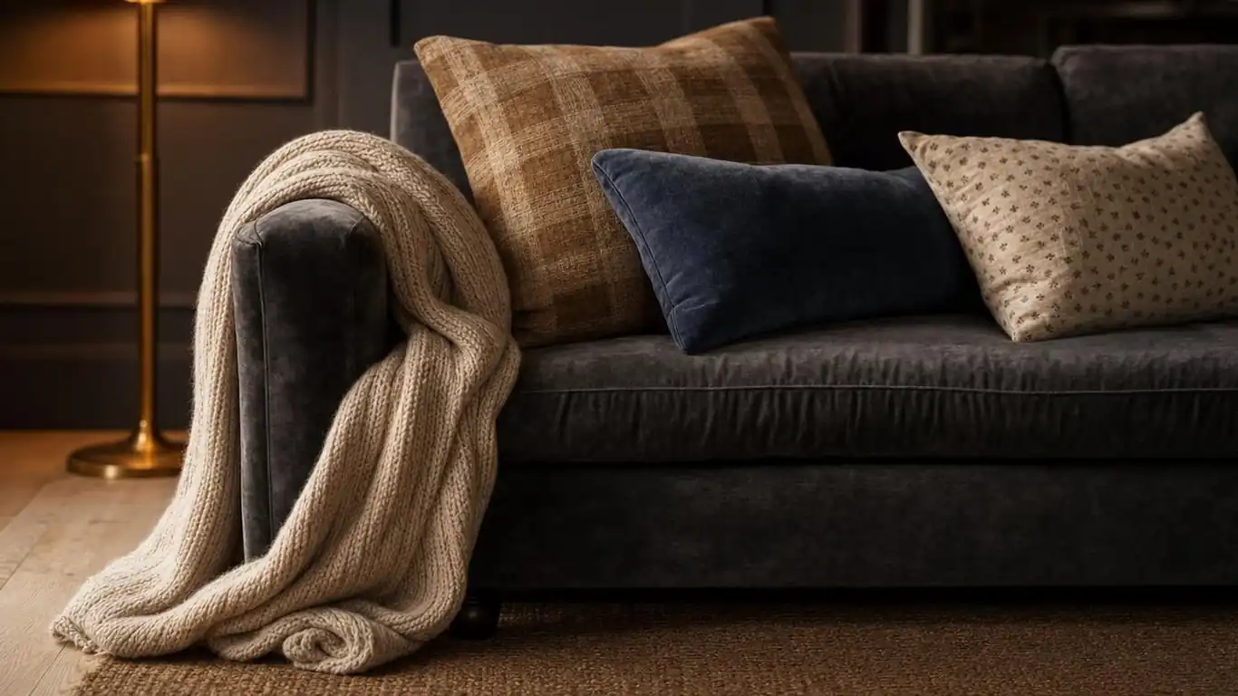 Detail shot of dark charcoal farmhouse living room walls with off-white trim, oak floor, and velvet cushion layering
