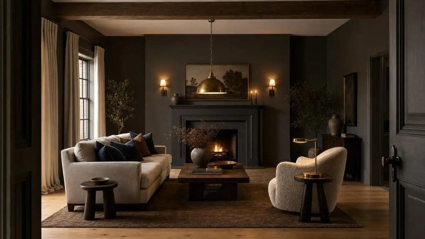 Moody farmhouse fireplace hearth with reclaimed wood mantle, oil-rubbed bronze tools, pillar candles, and ceramic vase