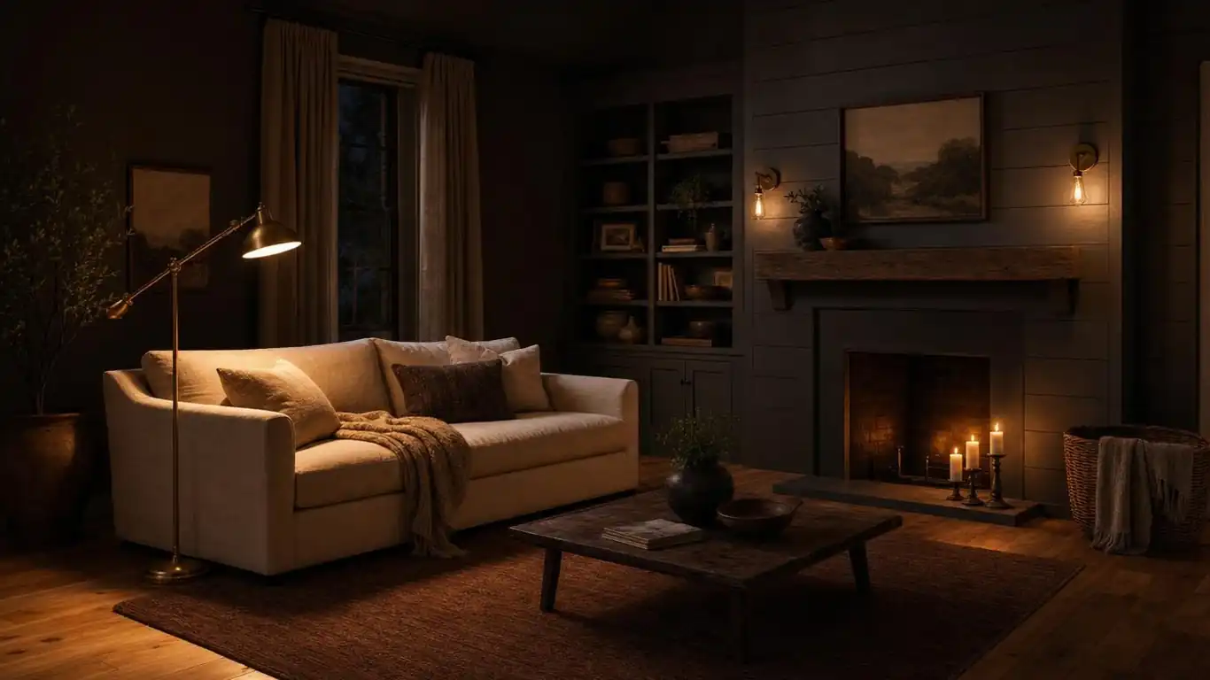 Layered lighting in a moody farmhouse living room — brass floor lamp, wall sconces, and candlelight at three levels