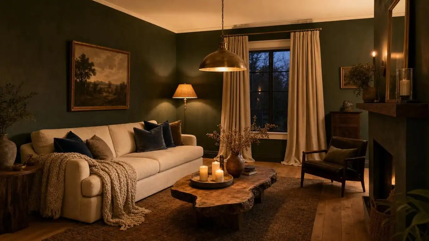 Moody farmhouse living room palette showing forest green walls, linen sofa, and chunky knit throw in warm terracotta