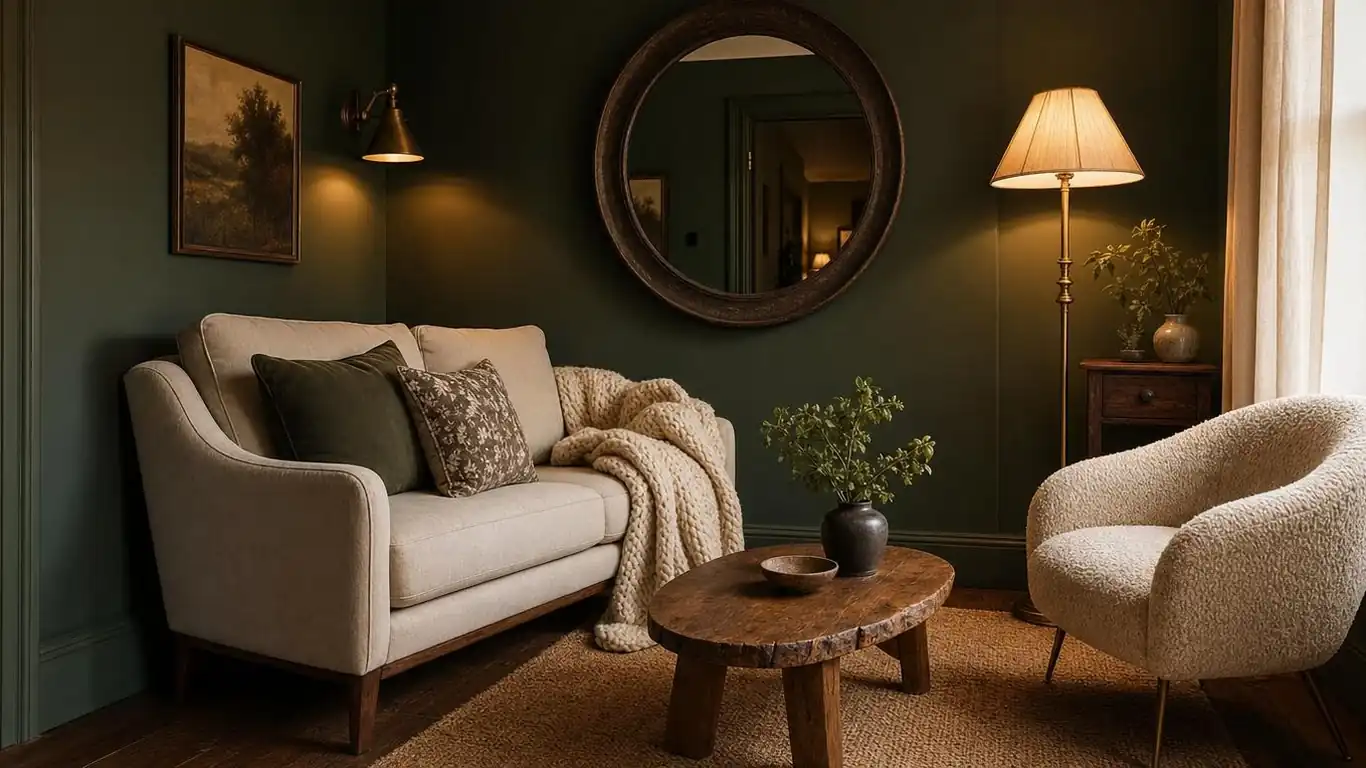 Contrast example showing moody farmhouse living room with warm cream trim and rug preventing the dark walls from feeling heavy