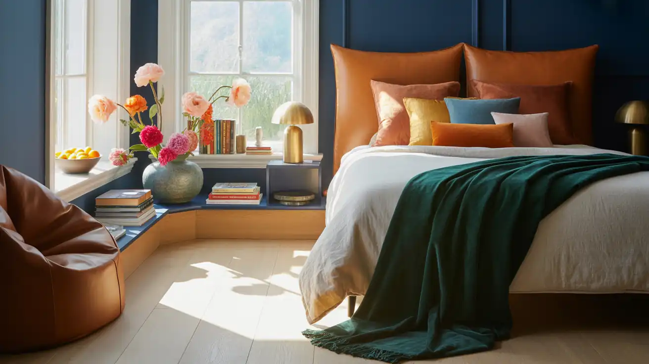 Wide view of a functional teen boy bedroom layout showing a sleek bed, clear walkways, and a dedicated study zone.