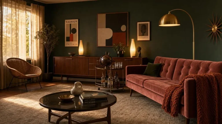 Moody mid-century modern living room with forest green walls, walnut credenza, tufted dusty rose velvet sofa, and layered brass lighting