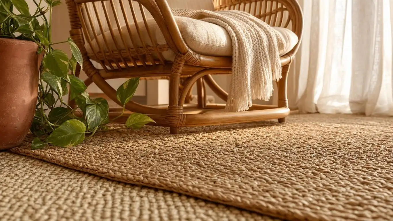 Close-up of layered jute and sisal rugs in a boho coastal living room with a honey rattan accent chair and cream linen cushion