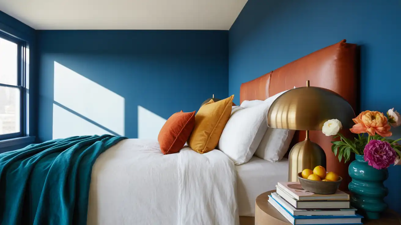 High-contrast bedroom design showing dark navy walls perfectly offset by a bright white ceiling and stark white bedding.