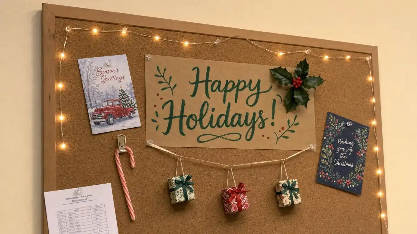 Office bulletin board decorated for Christmas with holly sprigs, a kraft paper banner, printed cards, and copper fairy lights along the border
