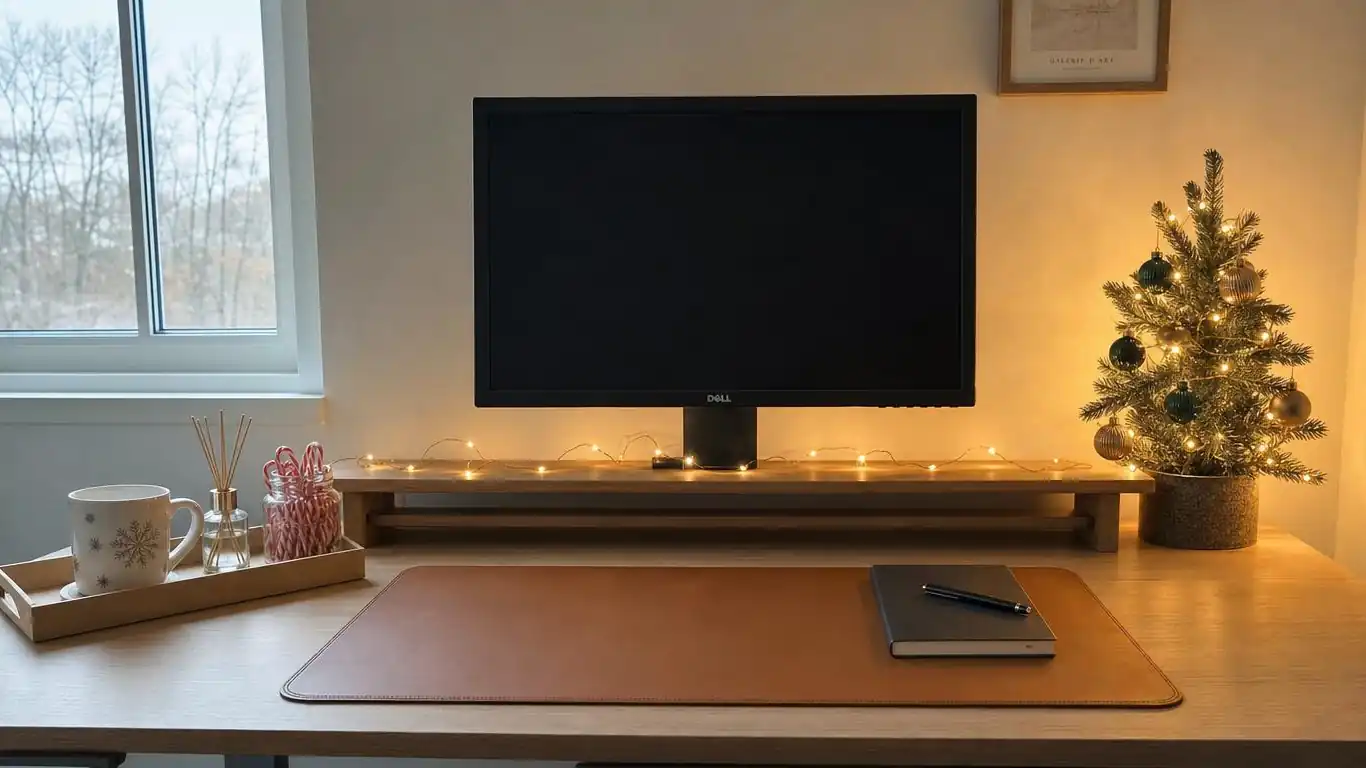 Minimal office desk with a 2-foot tabletop Christmas tree in the corner, copper fairy lights along the monitor edge, and a festive mug on a tray