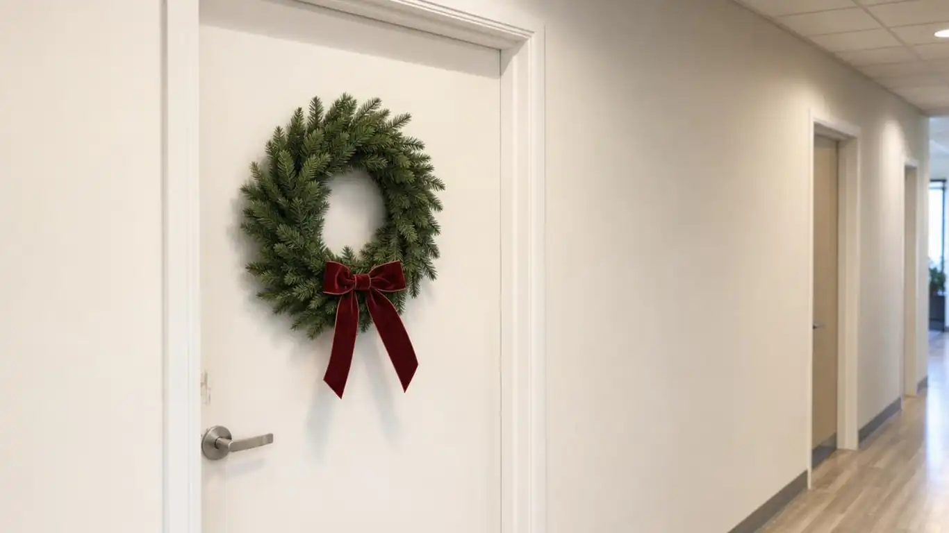 Office door decorated with a faux evergreen wreath and deep red velvet ribbon bow against a white office corridor