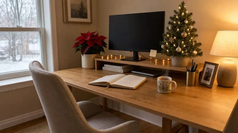 Home office desk decorated for Christmas with a small pre-lit tree, copper fairy lights across the monitor shelf, and a live poinsettia beside the keyboard