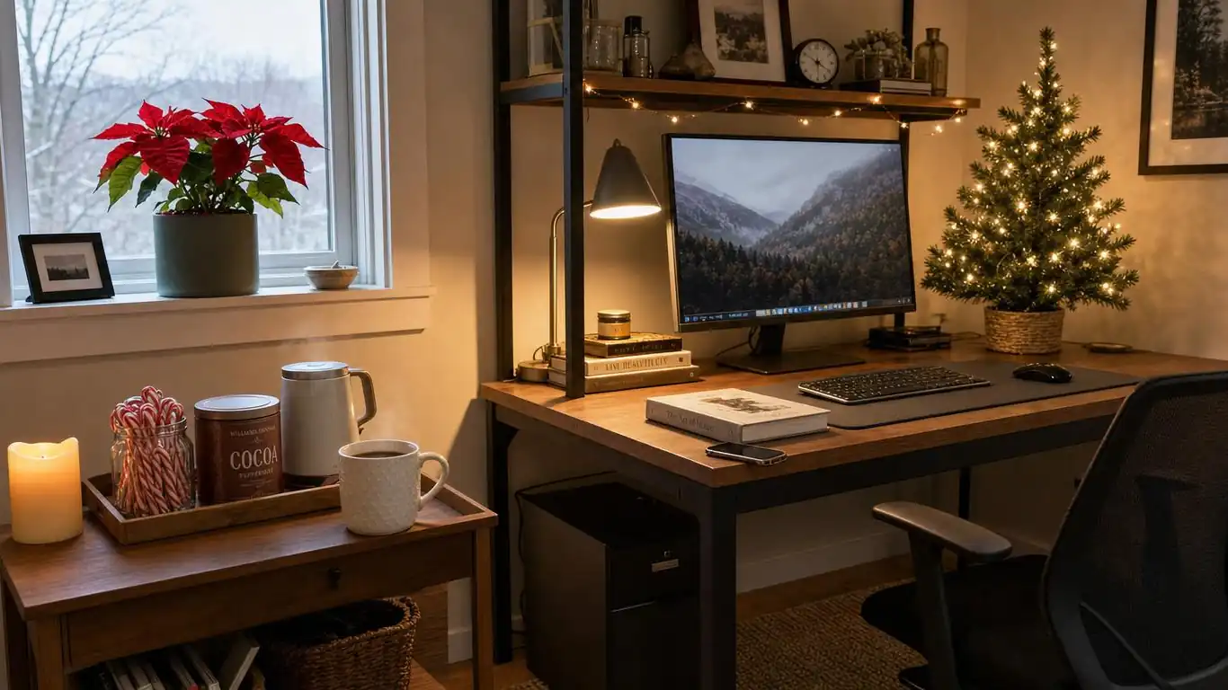 Home office corner showing a complete office christmas decorations setup with tree, string lights, candles, and a hot drink station on a side table