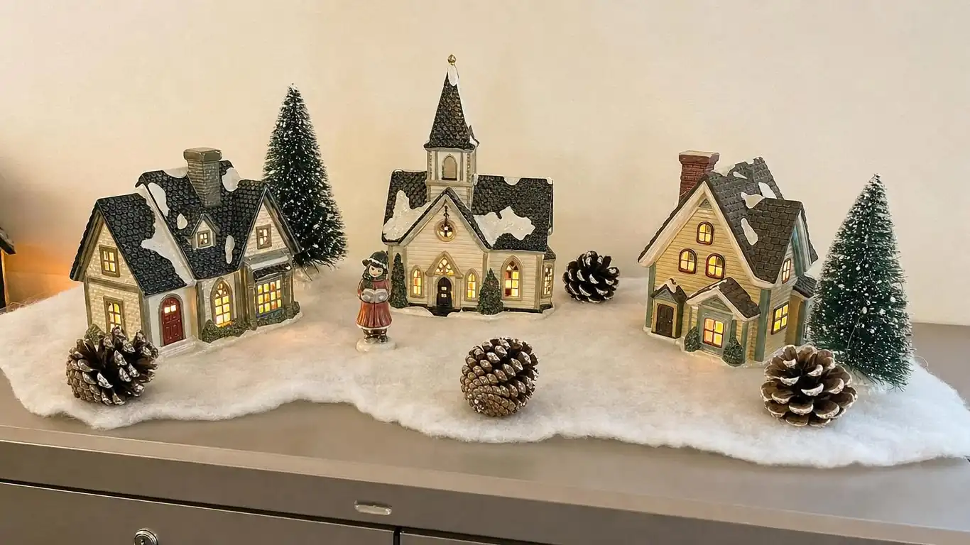 Miniature ceramic Christmas village scene arranged on an office shelf with lit buildings, snow-dusted trees, and a white felt base
