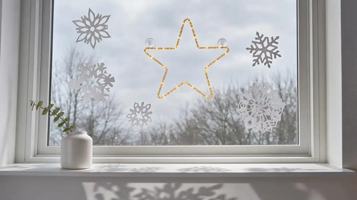Office window with DIY paper snowflakes at three heights and a battery-powered star silhouette light in warm amber LED

