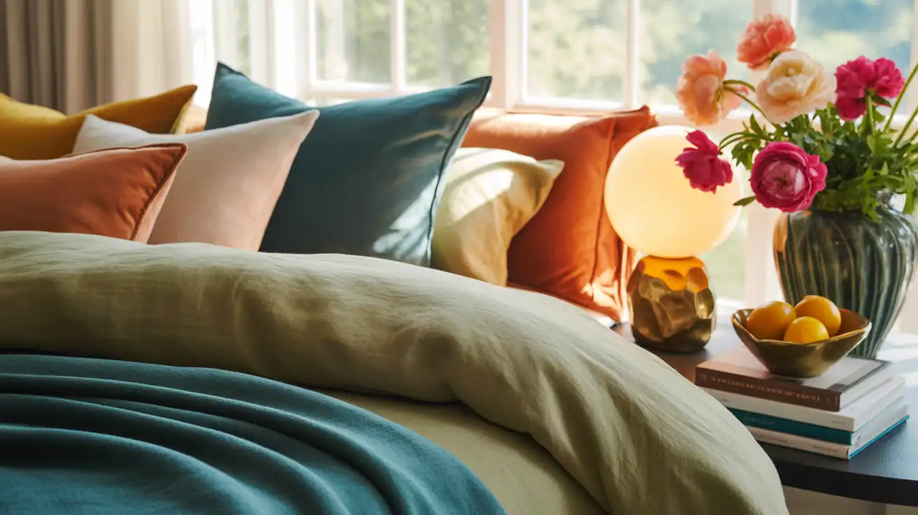 Close-up of highly textured, layered washed linen bedding in muted olive, sage, and soft cream tones.