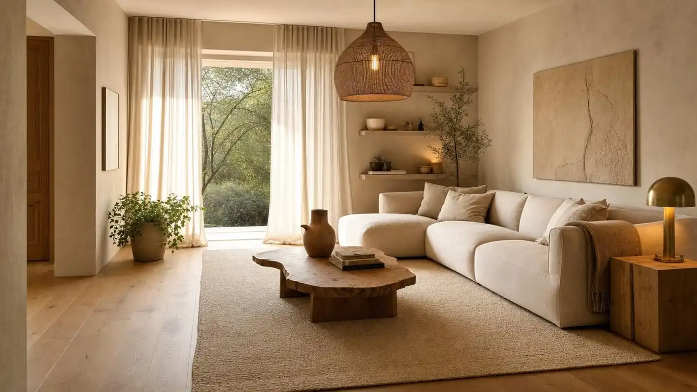 Edited organic modern living room shelf showing one large ceramic vessel and trailing plant against warm greige wall with deliberate negative space