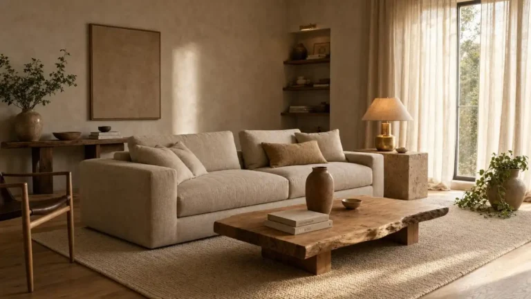 Organic modern living room with warm greige walls, low-profile linen sofa, raw oak coffee table, travertine side table, and layered wool rug