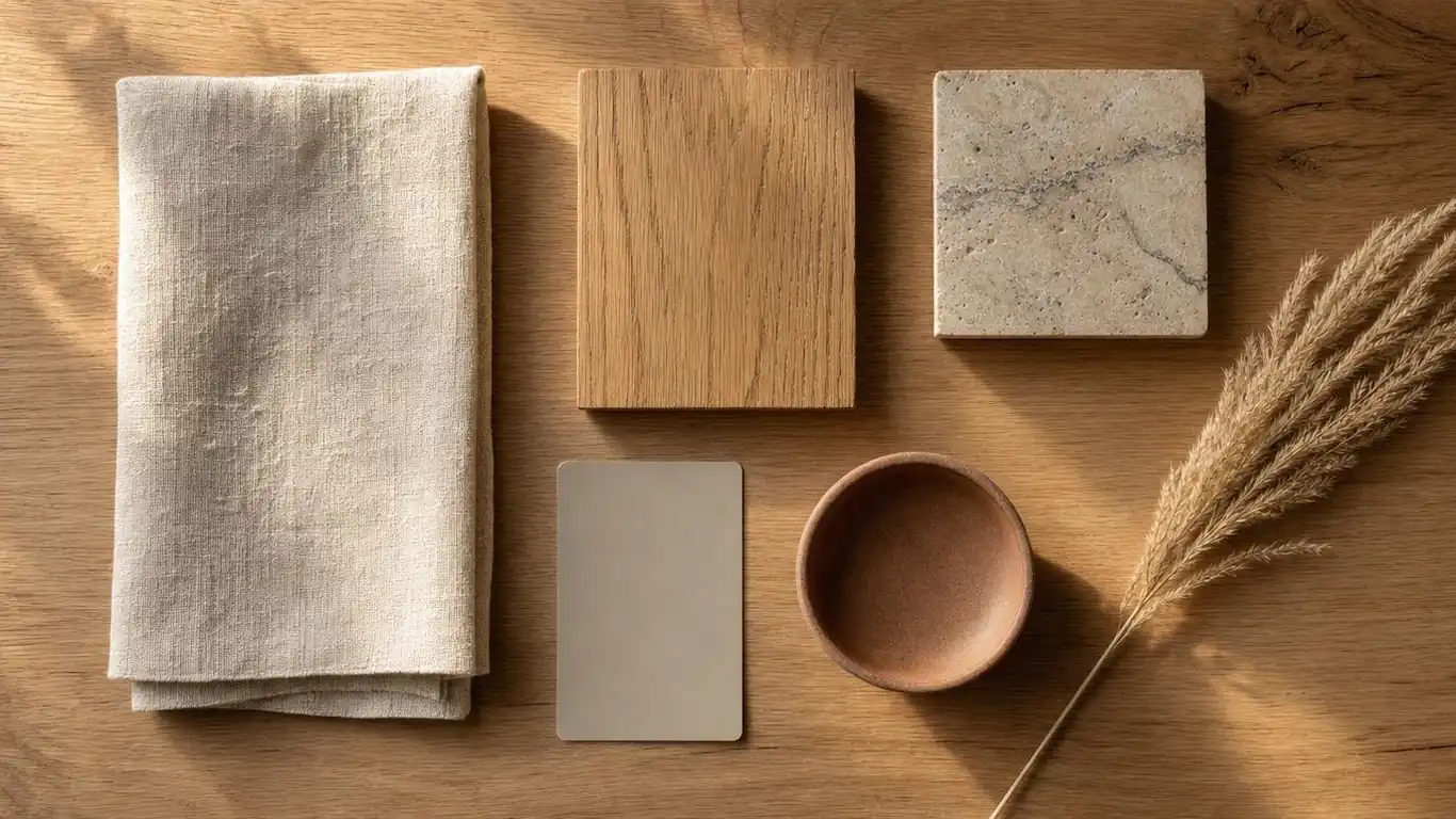 Material flat lay for organic modern living room showing linen swatch, raw oak sample, travertine tile, and warm greige paint chip on an oak surface