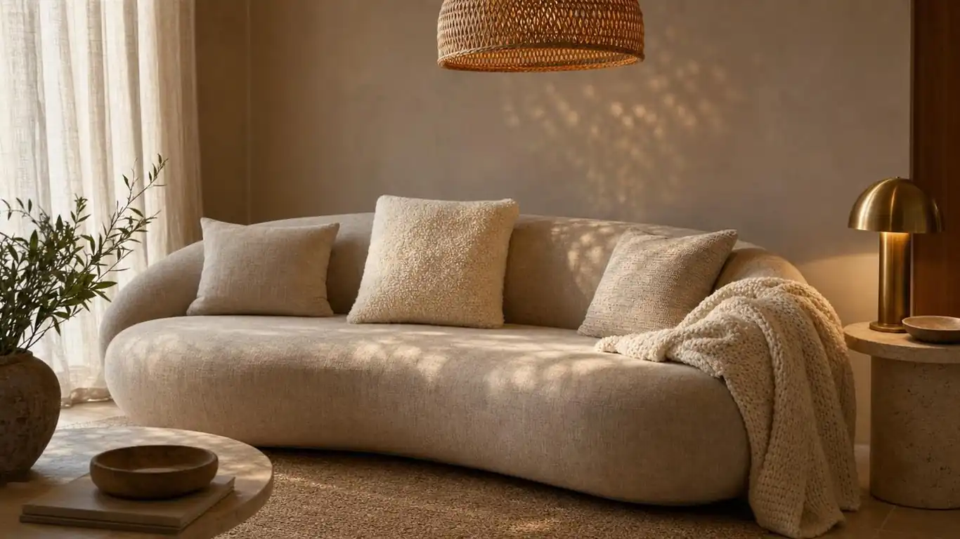 Low-profile linen sofa in an organic modern living room with clean-lined arms, linen and boucle pillows, and a chunky-knit ivory throw