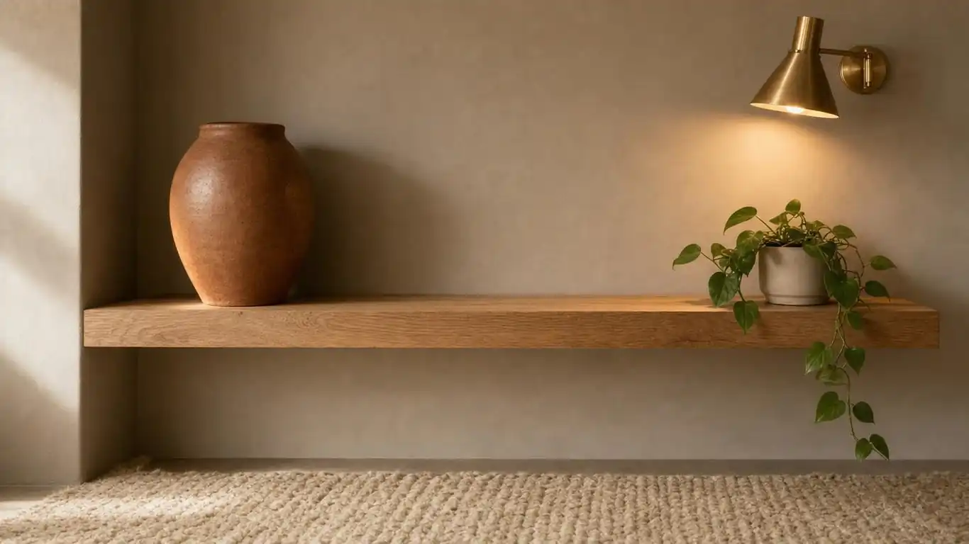 Organic modern living room corner showing textile layering solution with chunky-knit throw, linen cushions, and low-pile wool rug on raw oak floor