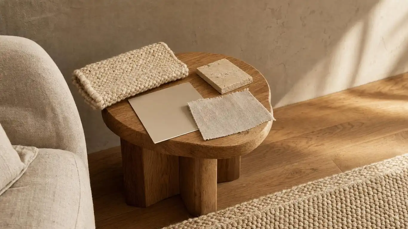 Organic modern living room planning corner showing rug sample, natural wood swatch, and warm neutral paint chips laid out on a raw oak surface