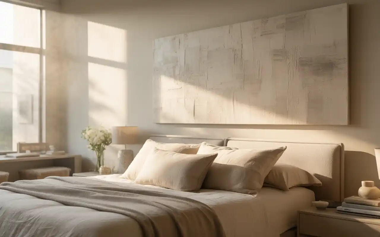 A single, oversized abstract canvas in muted earth tones leaning against a textured bedroom wall.