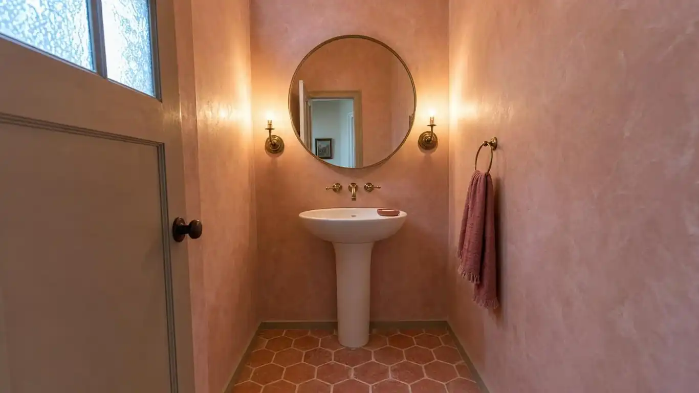 Side-by-side comparison of pink bathroom designs showing correct dusty rose pairing versus overly bright pink misstep