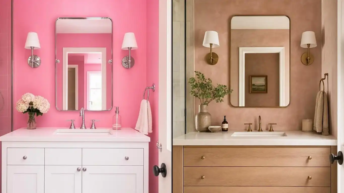 Shared family bathroom with terracotta-pink floor tile, matte black fixtures, and walnut vanity showing gender-neutral pink bathroom design