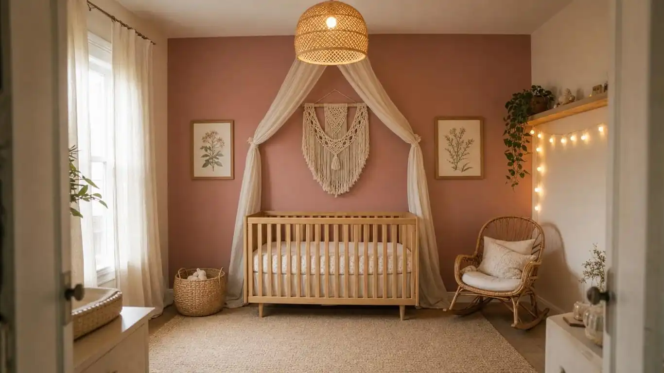 Single dusty rose accent wall behind a raw oak crib in a nursery with cream walls, canopy, and botanical prints