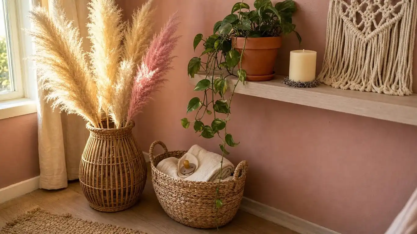 Dried pampas grass in a rattan vase in a pink boho nursery corner with trailing pothos plant and woven basket