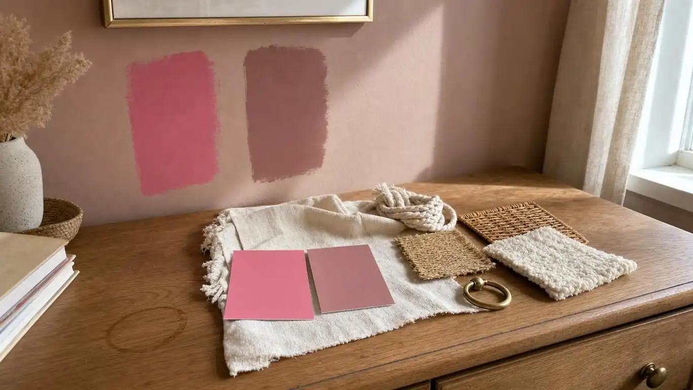 Pink nursery paint chip comparison on a wall showing bright pink versus dusty rose beside fabric swatches