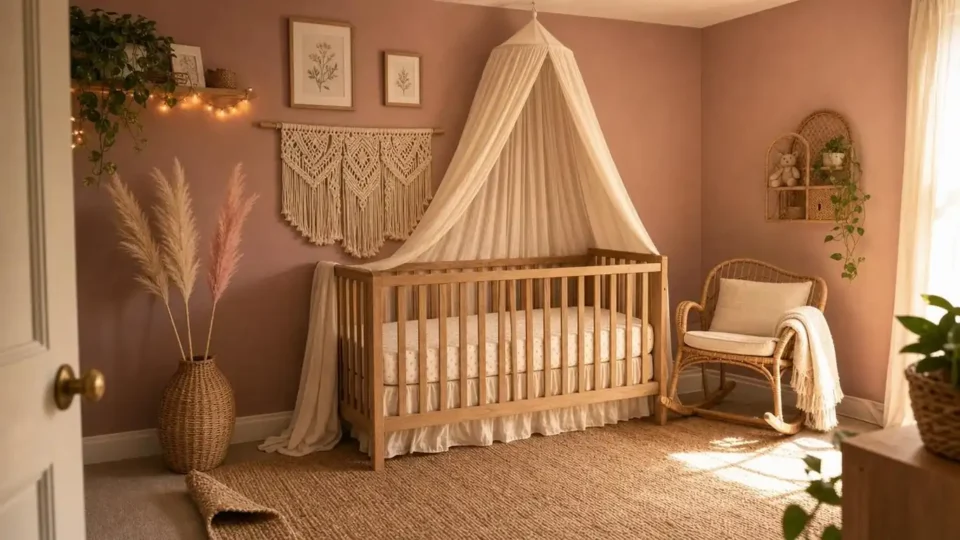 A pink boho nursery with dusty rose walls, macramé wall hanging above the crib, rattan rocking chair, and jute rug