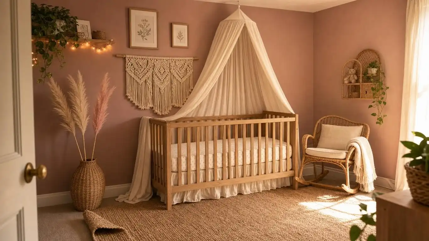 A pink boho nursery with dusty rose walls, macramé wall hanging above the crib, rattan rocking chair, and jute rug