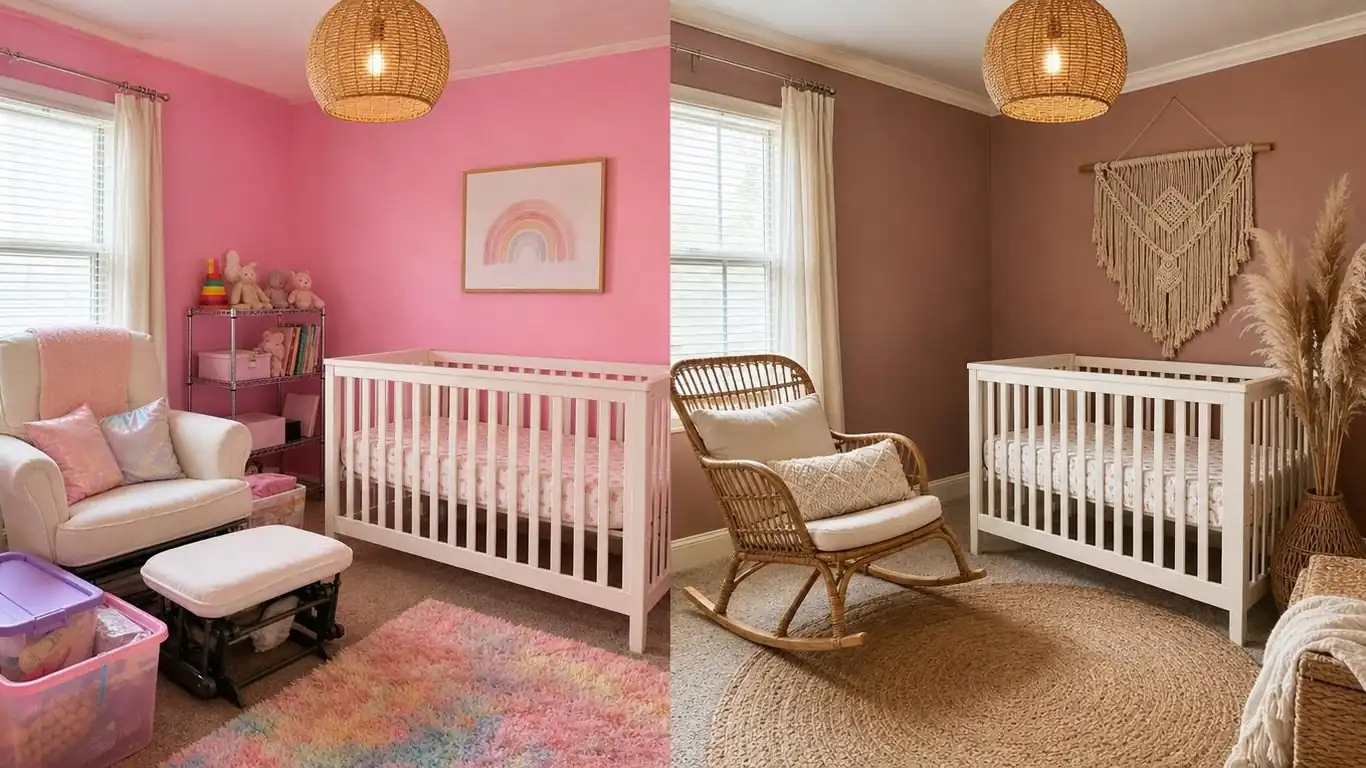 Side-by-side of a bright bubblegum pink nursery versus a muted dusty rose boho nursery with natural materials