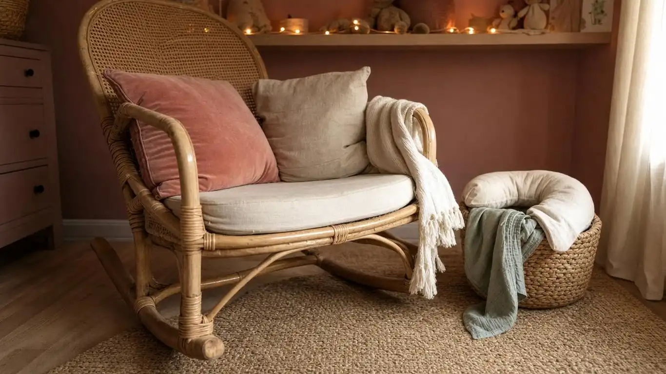 Rattan rocking chair in a pink boho nursery with cream linen cushion, fringe throw, and jute rug in oatmeal