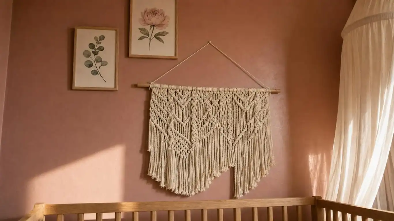 Dusty rose nursery wall with large macramé wall hanging centered above a raw oak crib and cream sheer canopy
