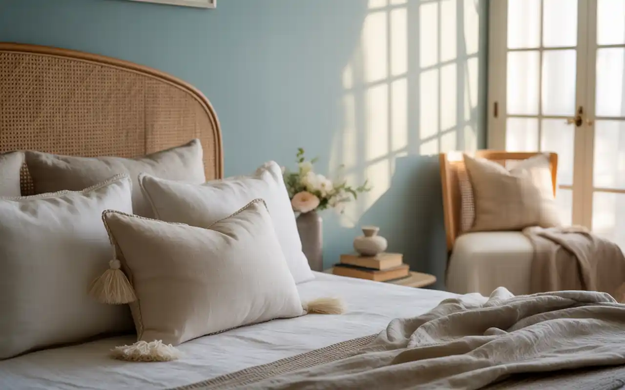Textured close up of a rattan headboard against a soft blue wall with white linen pillows.