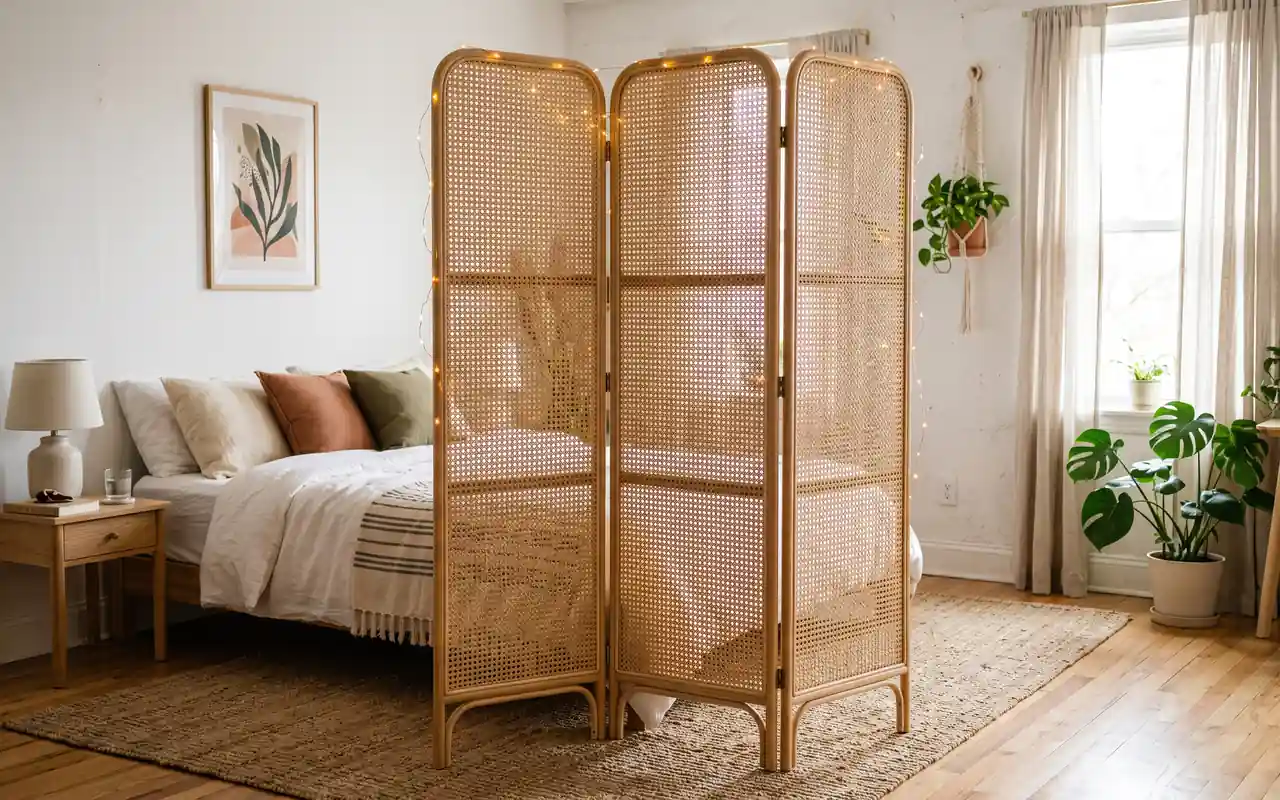 Lightweight rattan room divider separating a tiny bohemian bedroom space with trailing indoor plants.